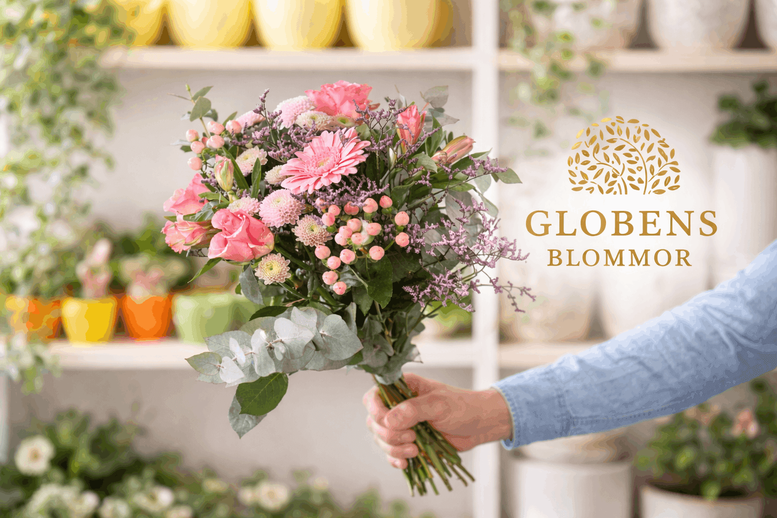 En handbunden bukett räcks över i Globens Blommors butik