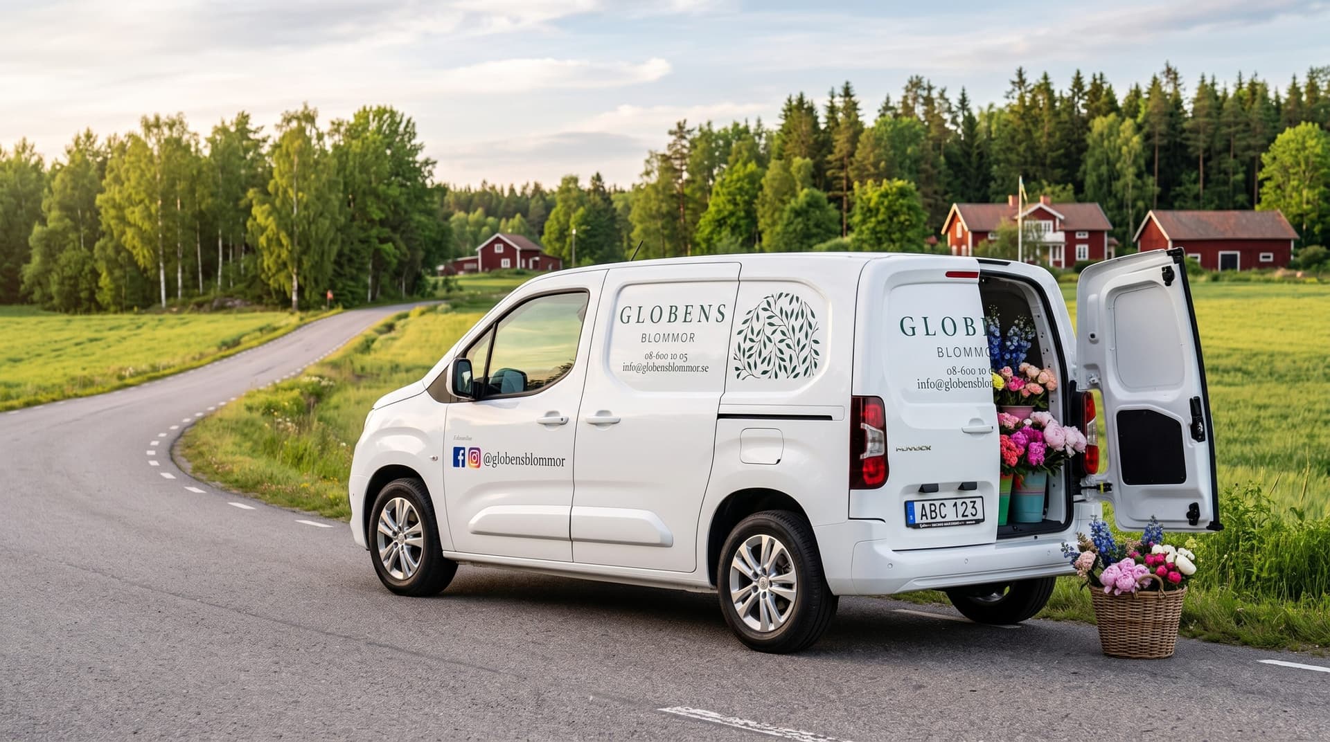 Globens Blommors vita blombudsbil på en landsväg med bakdörrarna öppna och blommor i lastutrymmet