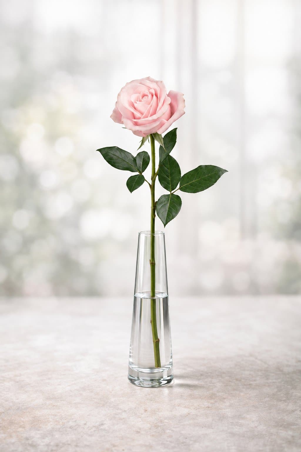 En ljusrosa ros med lång stjälk i smal glasvas