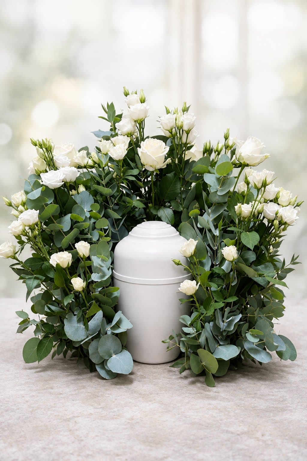 Urndekoration med vita rosor och eukalyptus runt en vit urna