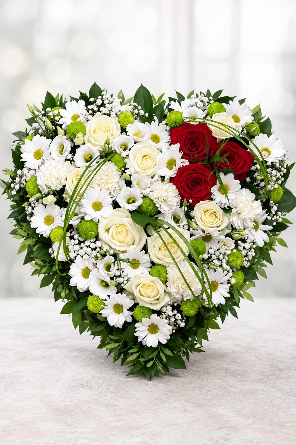 Begravningshjärta med vita blommor och tre röda rosor