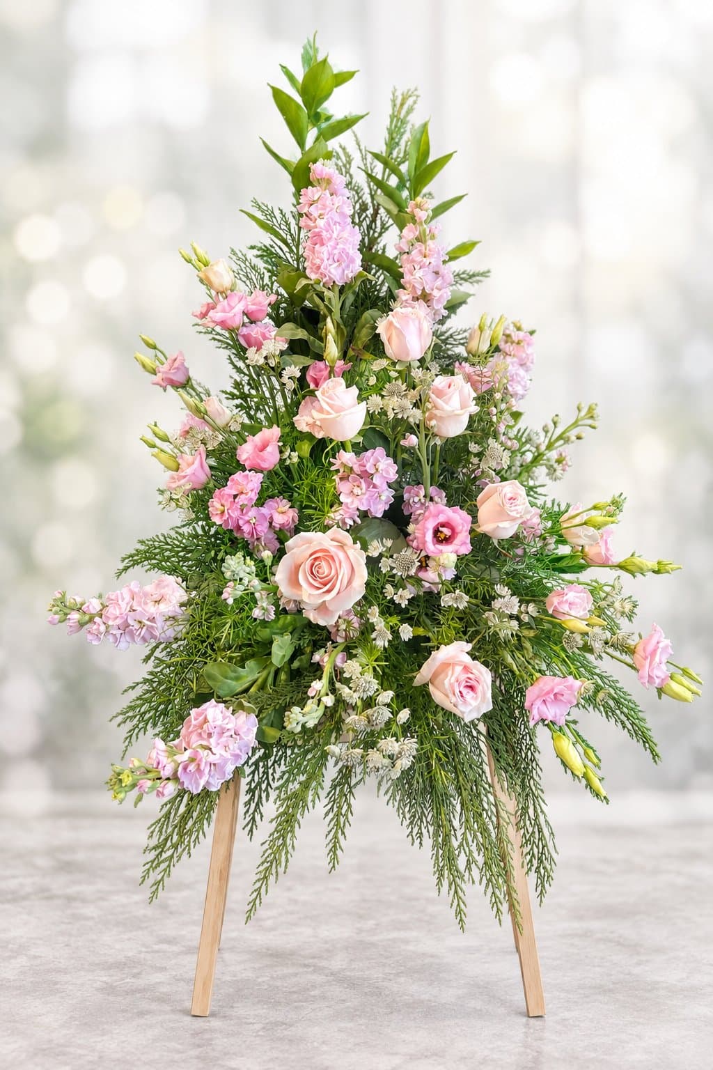 Hög begravningsdekoration i rosa och persika på stativ